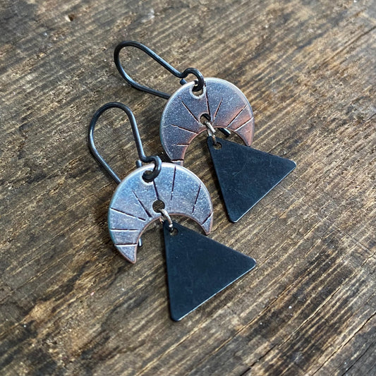 MOON RISE Silver Tone and Black Triangle Earrings