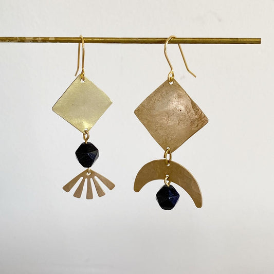Blue Goldstone and Brass Earrings