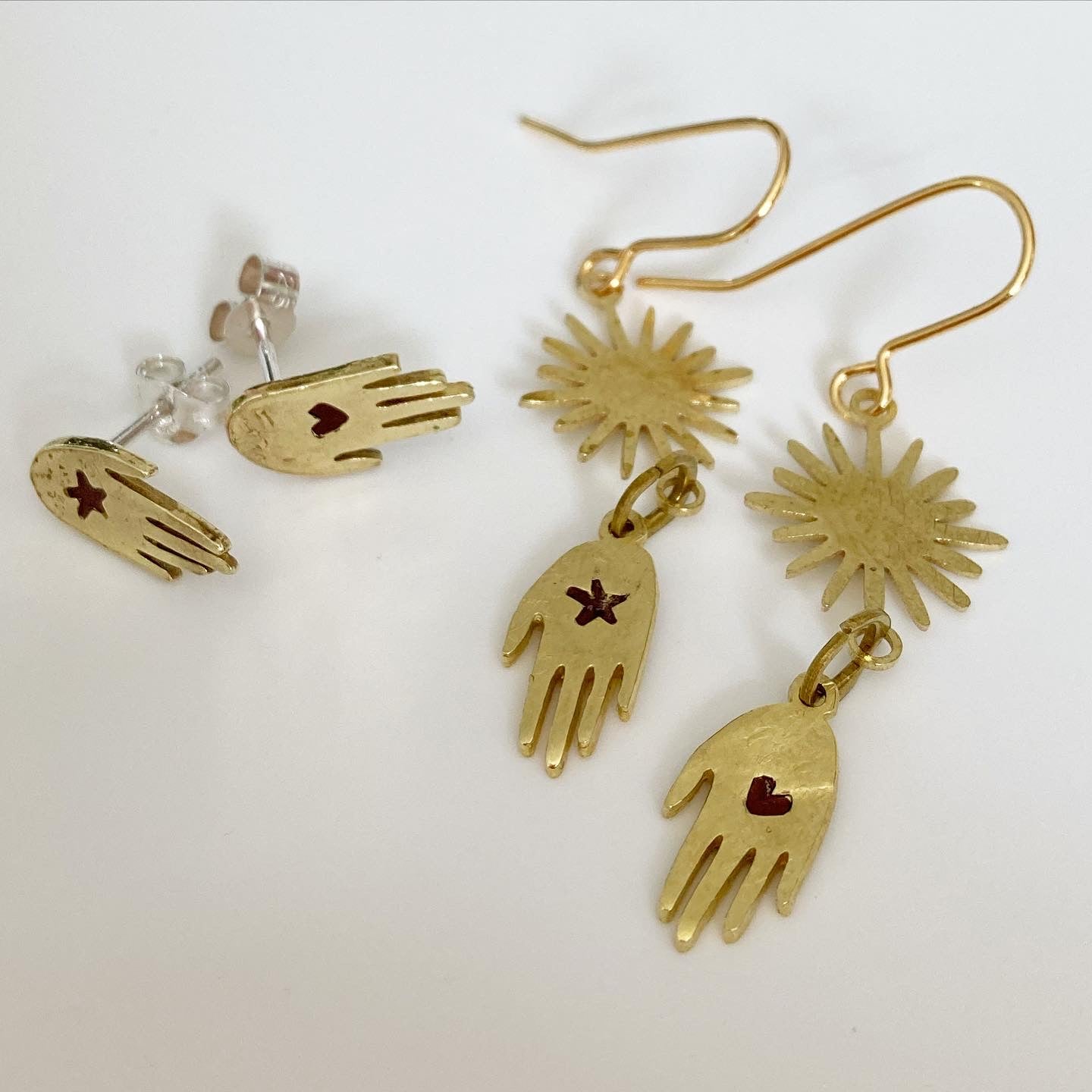 BESTOWAL Gold Brass Hand Earrings with Suns, Heart, and Star