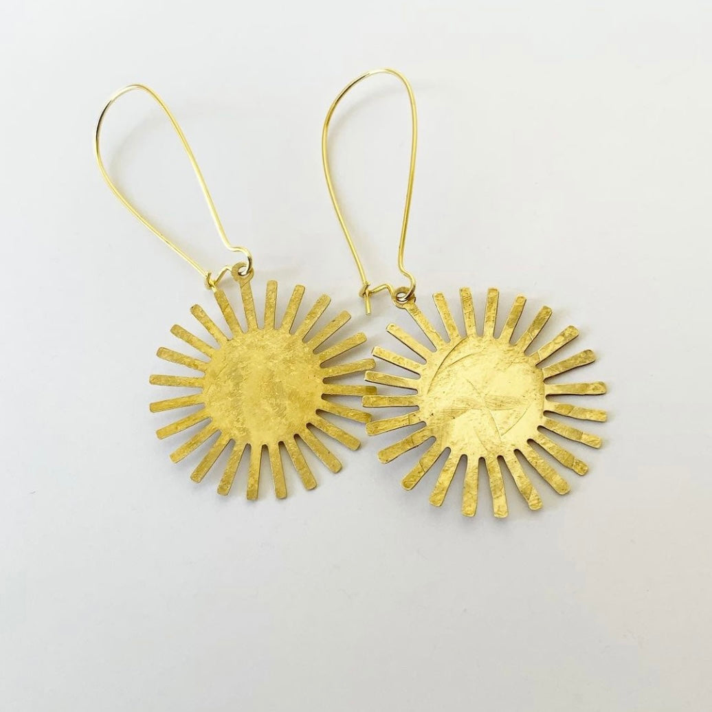 SOLAR Golden Brass Hammered Sun Earrings