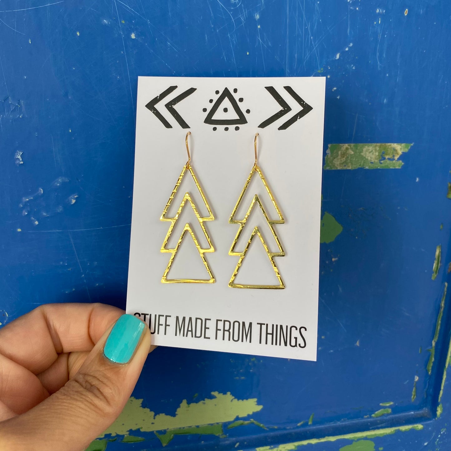 Gold Brass Triple Triangle Long Earrings