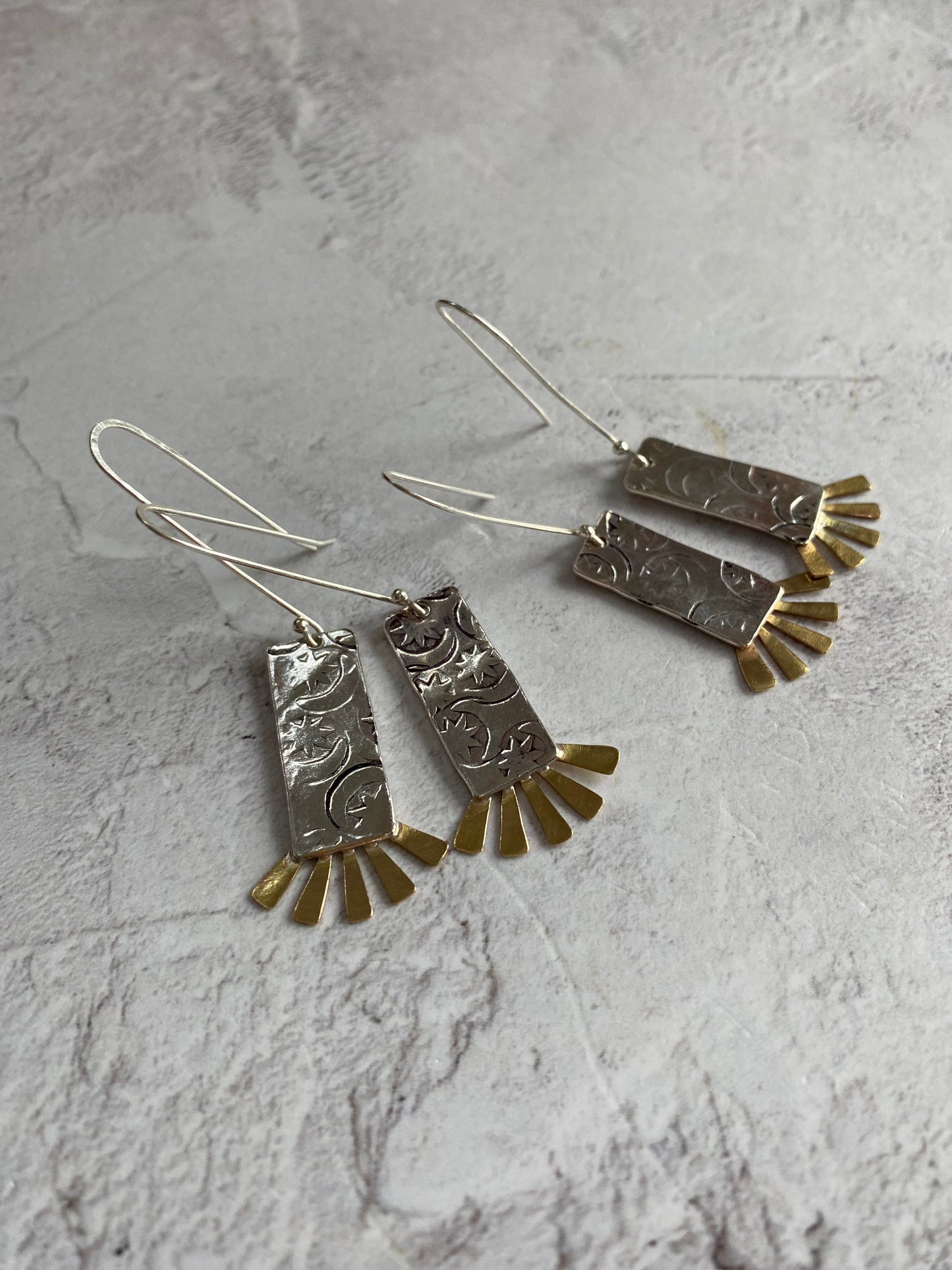 Recycled Handmade Sterling Silver & Brass Sun Burst Earrings