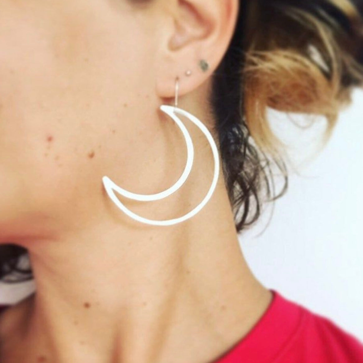 Silver Tone Big Mamma Moon Crescent Earrings