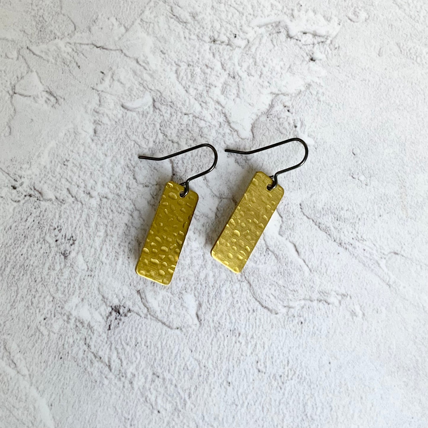 Hammered Golden Brass Rectangle Earrings