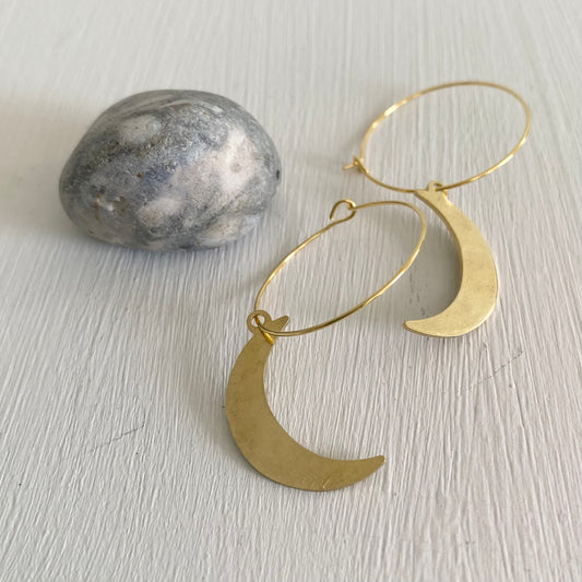 Slim Moon Hoops in Golden Brass