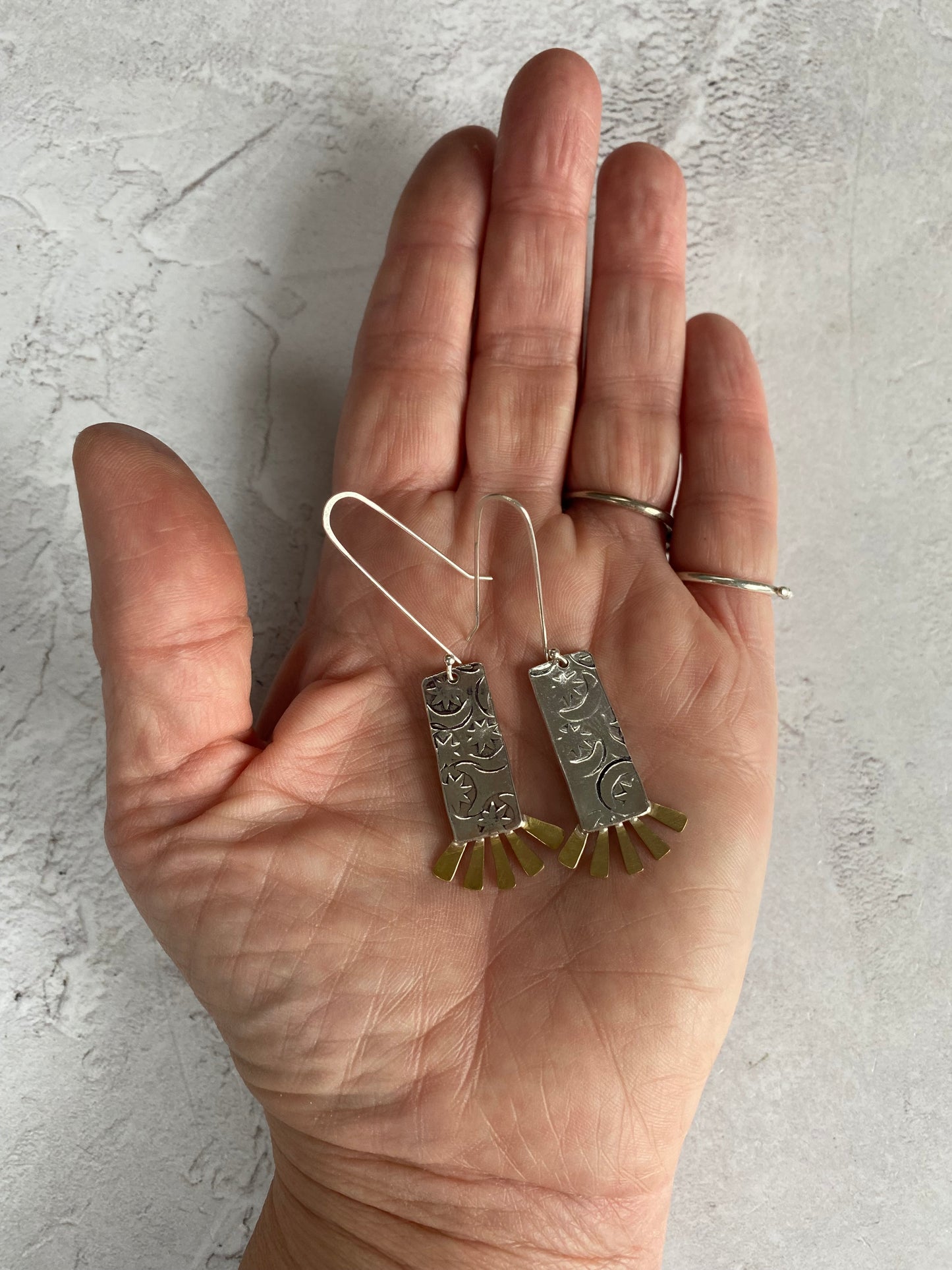 Recycled Handmade Sterling Silver & Brass Sun Burst Earrings