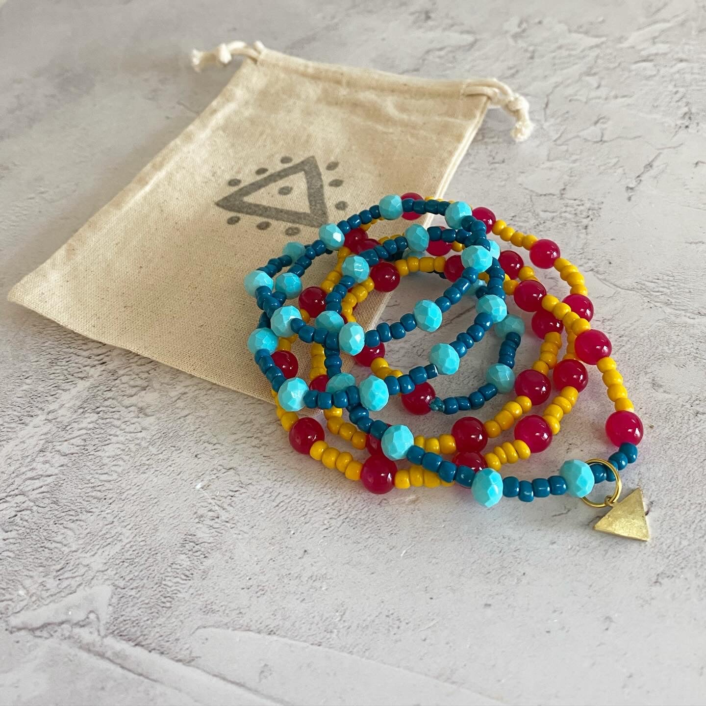JUJUBE Sky Blue, Yellow, Cerise and Royal Blue Glass Beaded Necklace