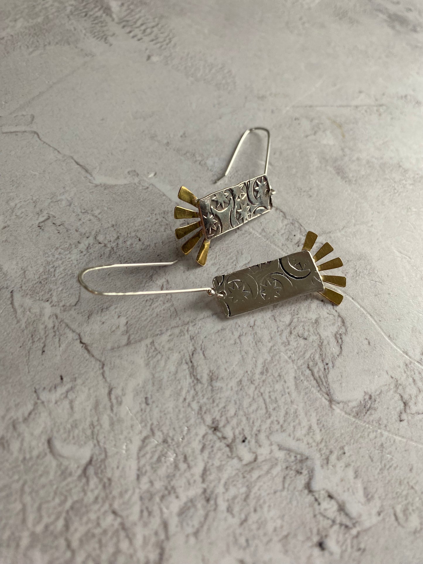 Recycled Handmade Sterling Silver & Brass Sun Burst Earrings
