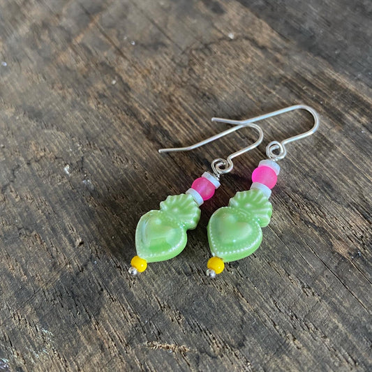 Green Porcelain Flaming Heart Earrings