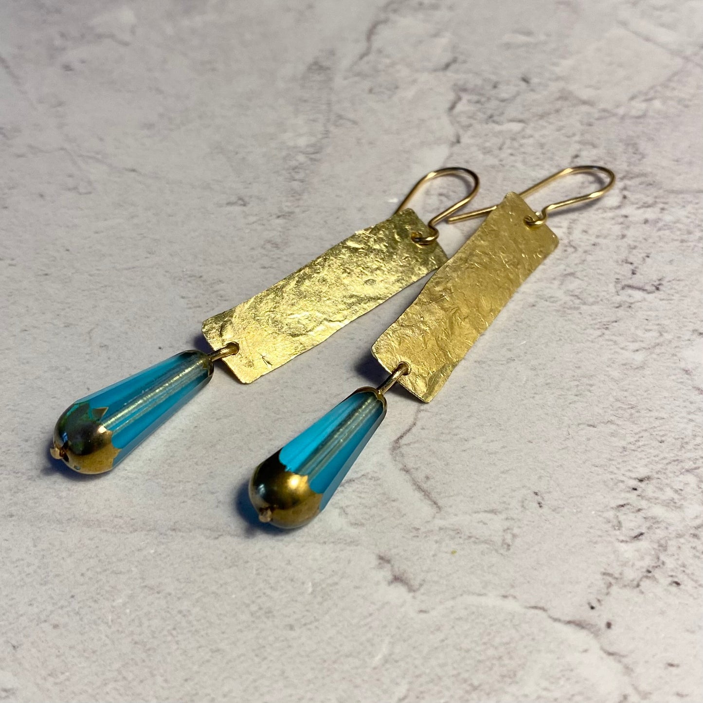 Hammered Brass With Turquoise and Gold Czech Faceted Bead