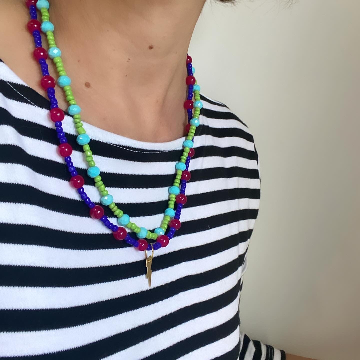 JUJUBE Navy Blue, Green, Cerise and Skye Blue Glass Beaded Necklace