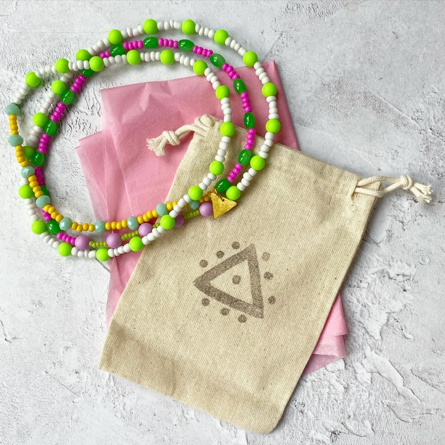 JUJUBE Pink, White and Green Glass Beaded Necklace