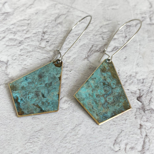 Turquoise Diamond Earrings - verdigris Patina
