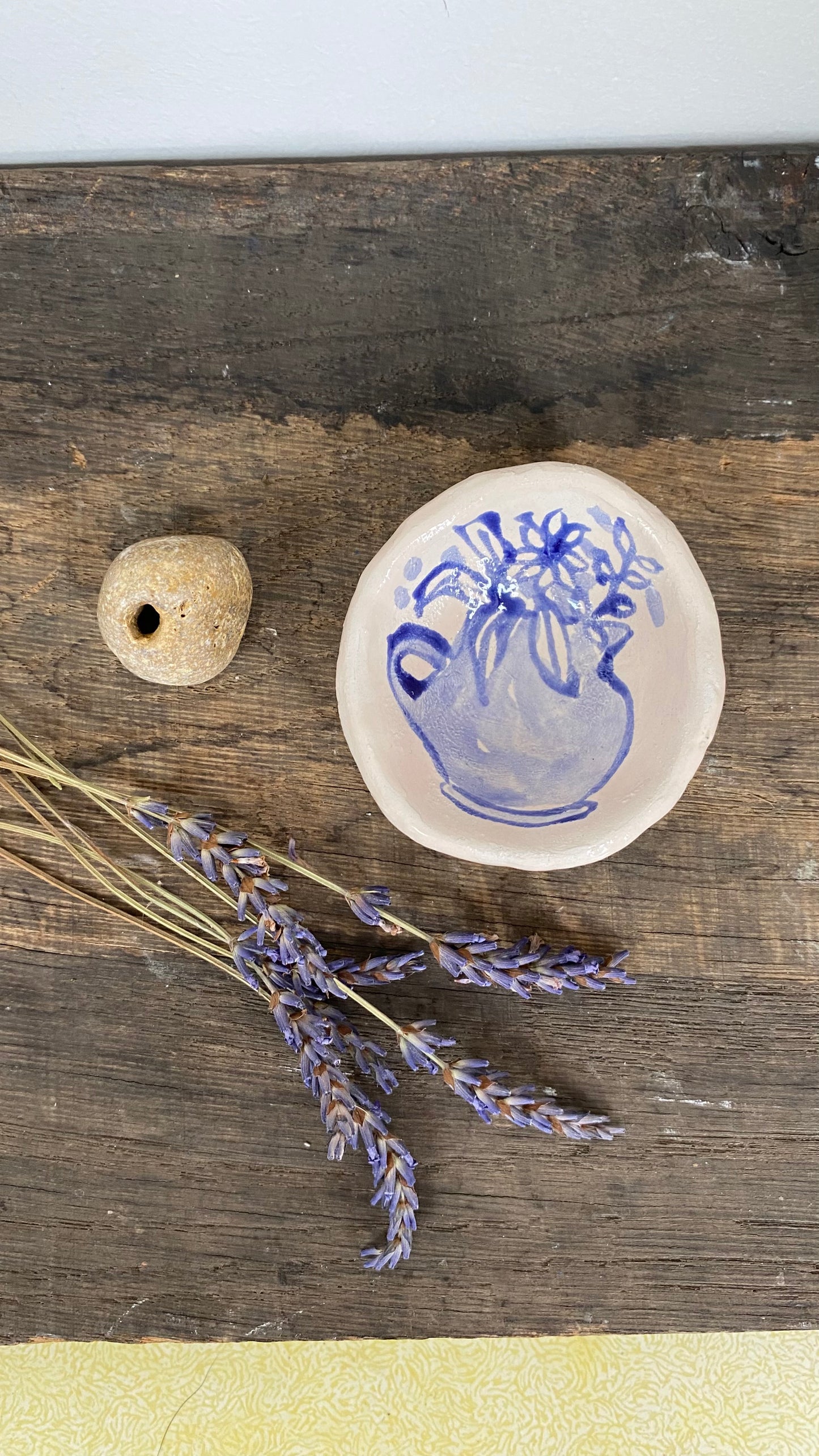 Ceramic Trinket Dish - Decorative Bowl - Ring Dish - Illustration - Jug with Flowers - Delft Inspired