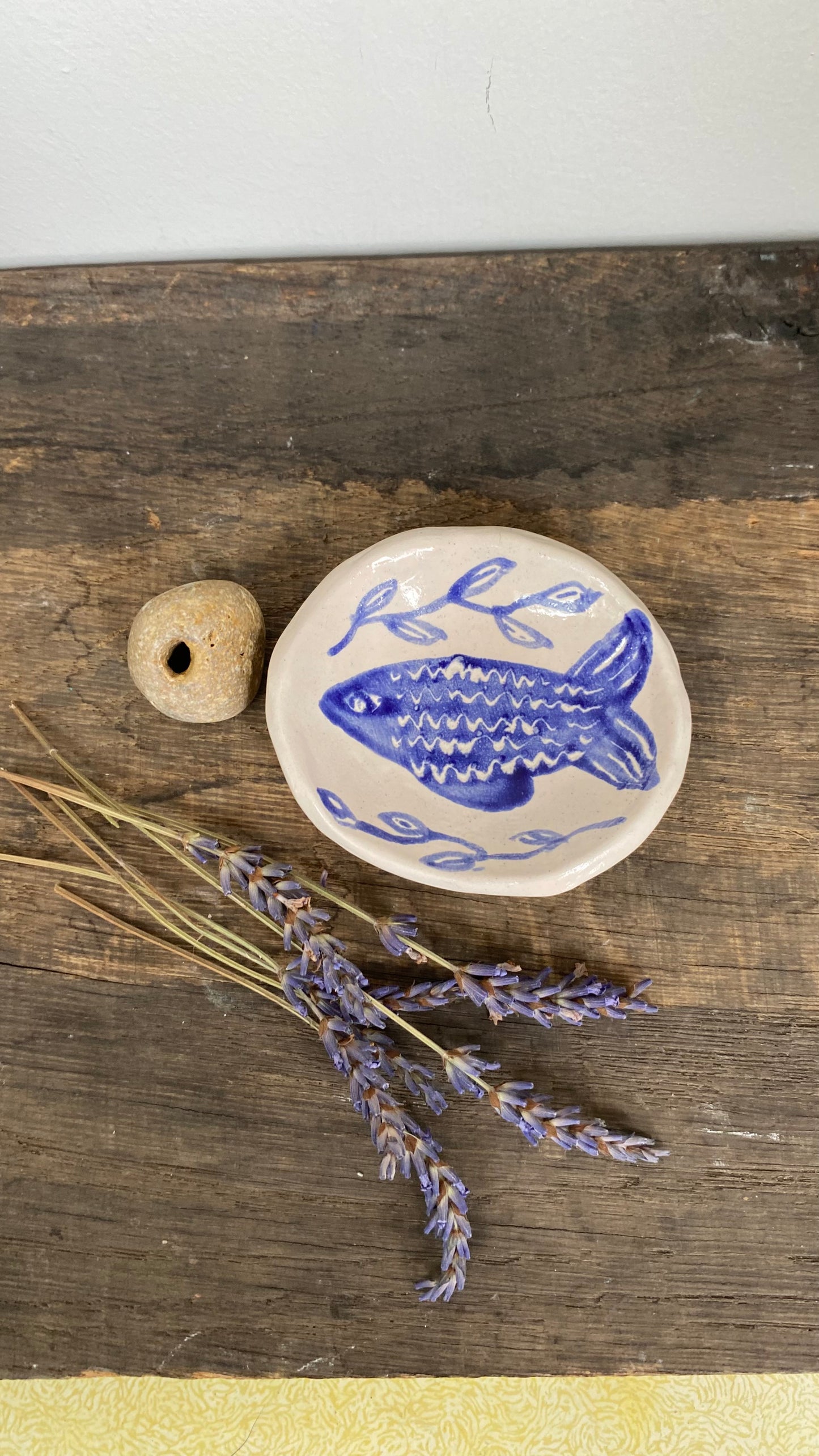 Ceramic Trinket Dish - Decorative Bowl - Ring Dish - Illustration - Fish - Delft Inspired