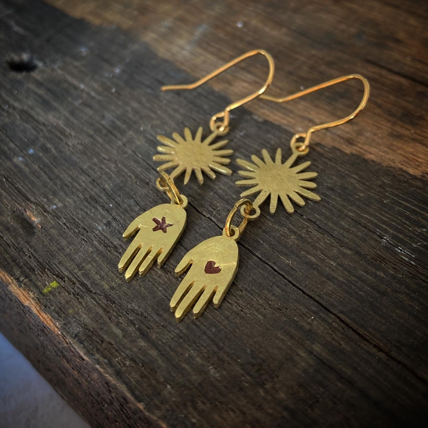 BESTOWAL Gold Brass Hand Earrings with Suns, Heart, and Star