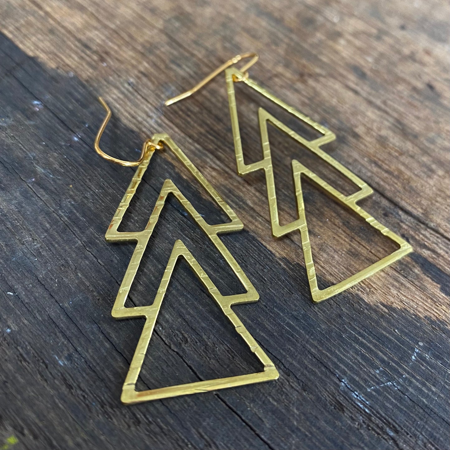 Gold Brass Triple Triangle Long Earrings