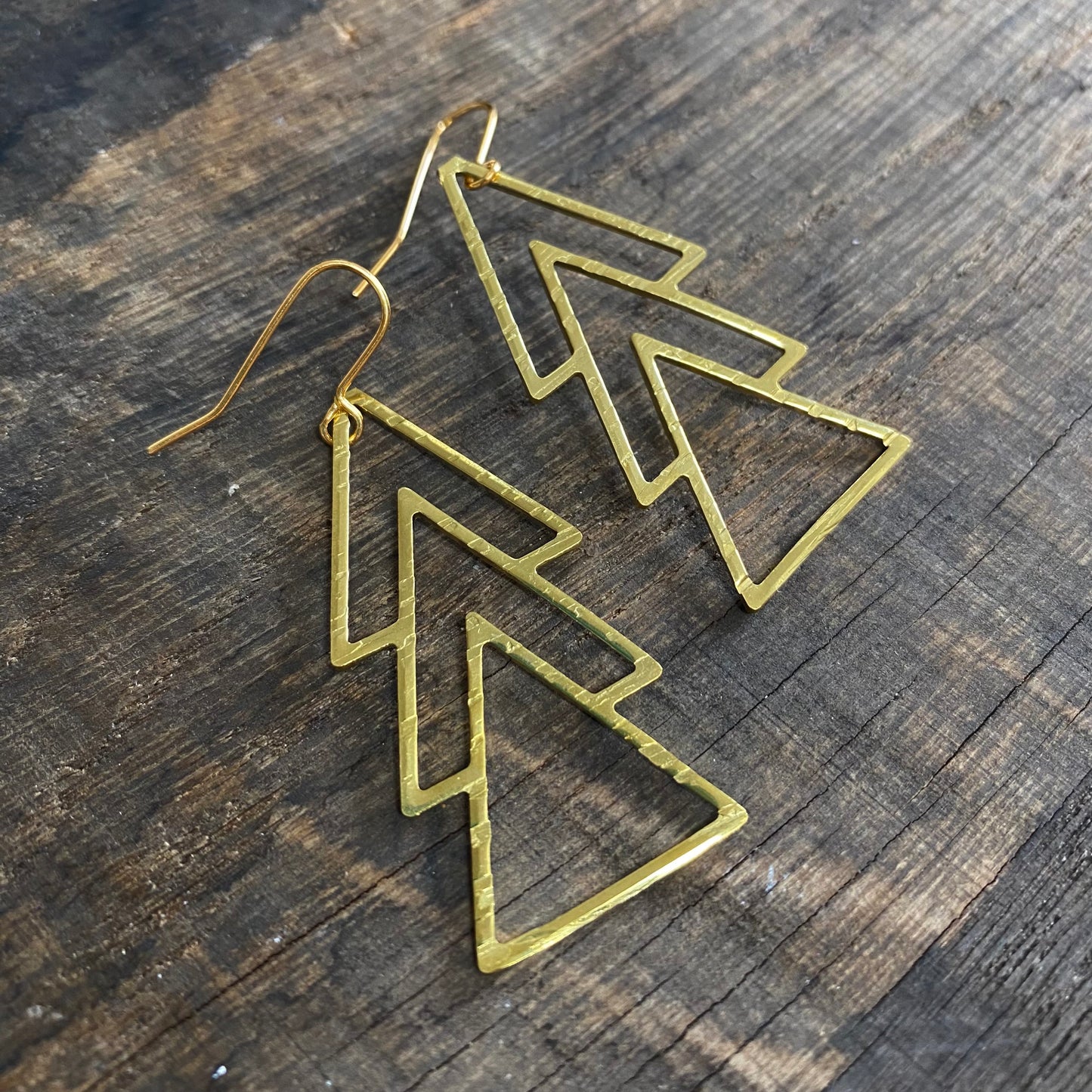 Gold Brass Triple Triangle Long Earrings