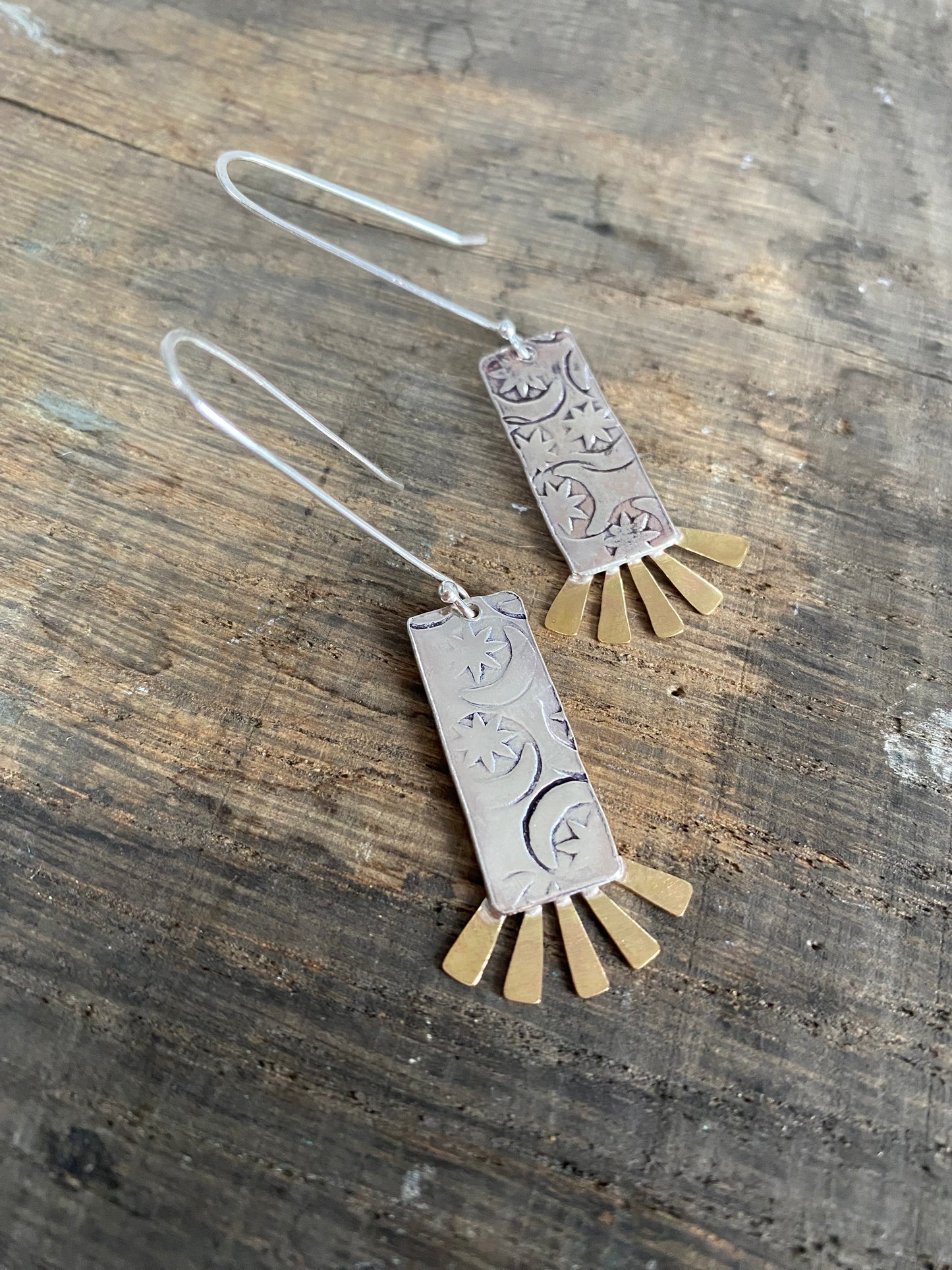 Recycled Handmade Sterling Silver & Brass Sun Burst Earrings