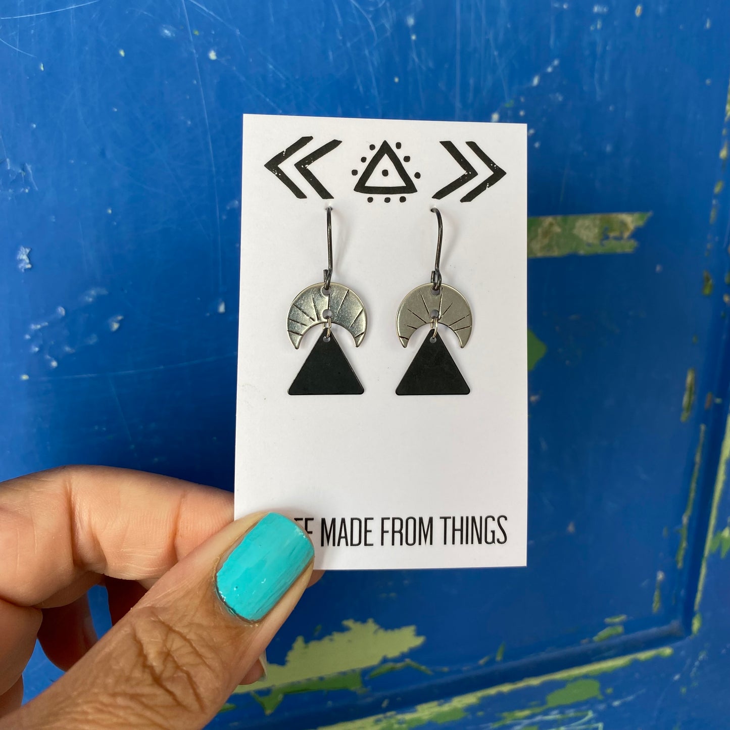 MOON RISE Silver Tone and Black Triangle Earrings