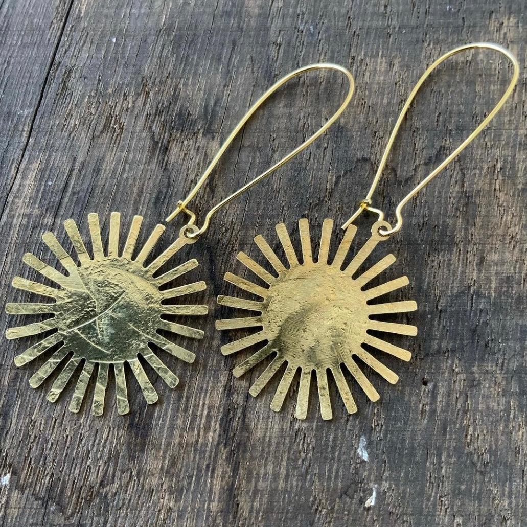 SOLAR Golden Brass Hammered Sun Earrings