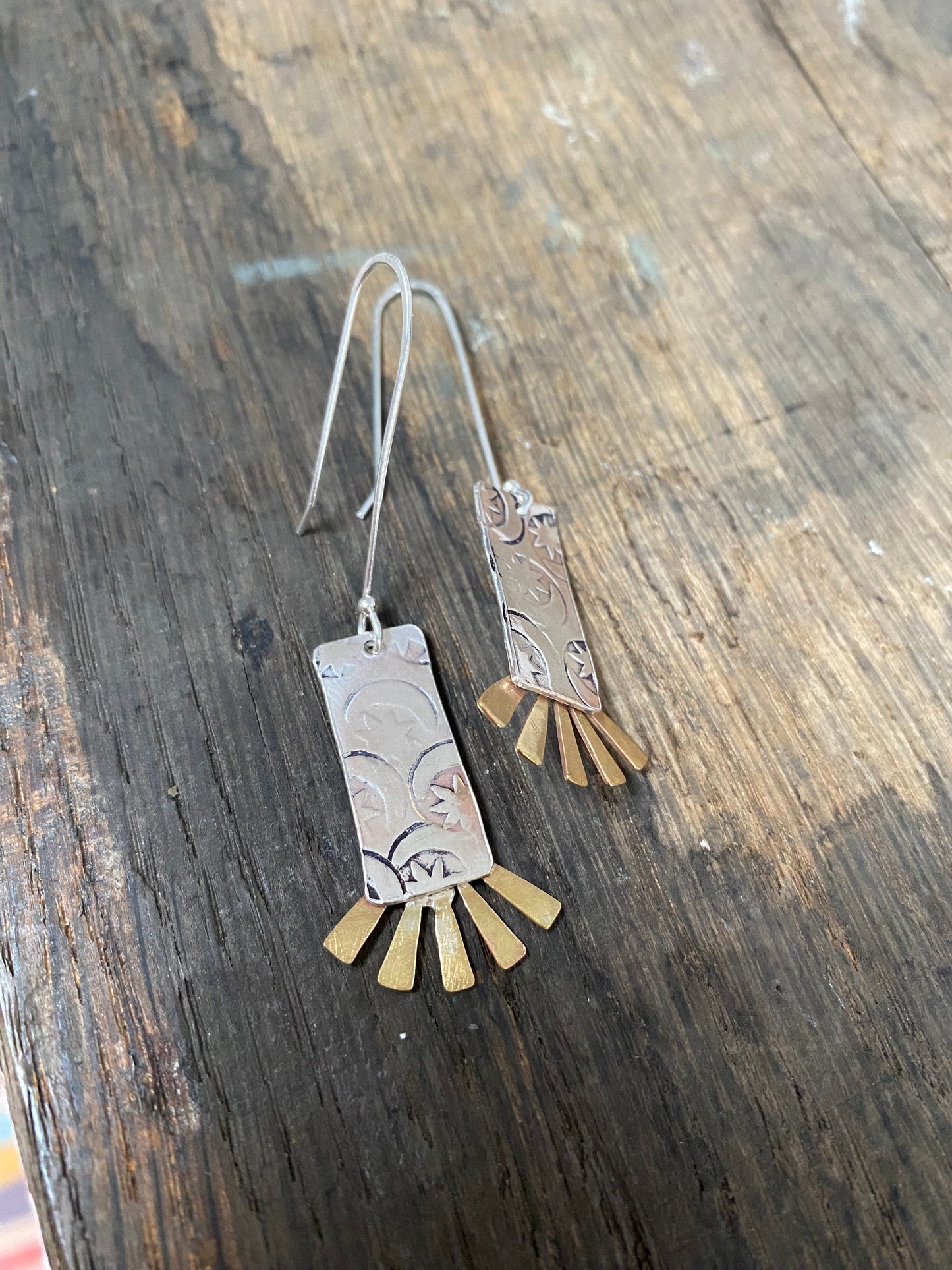 Recycled Handmade Sterling Silver & Brass Sun Burst Earrings