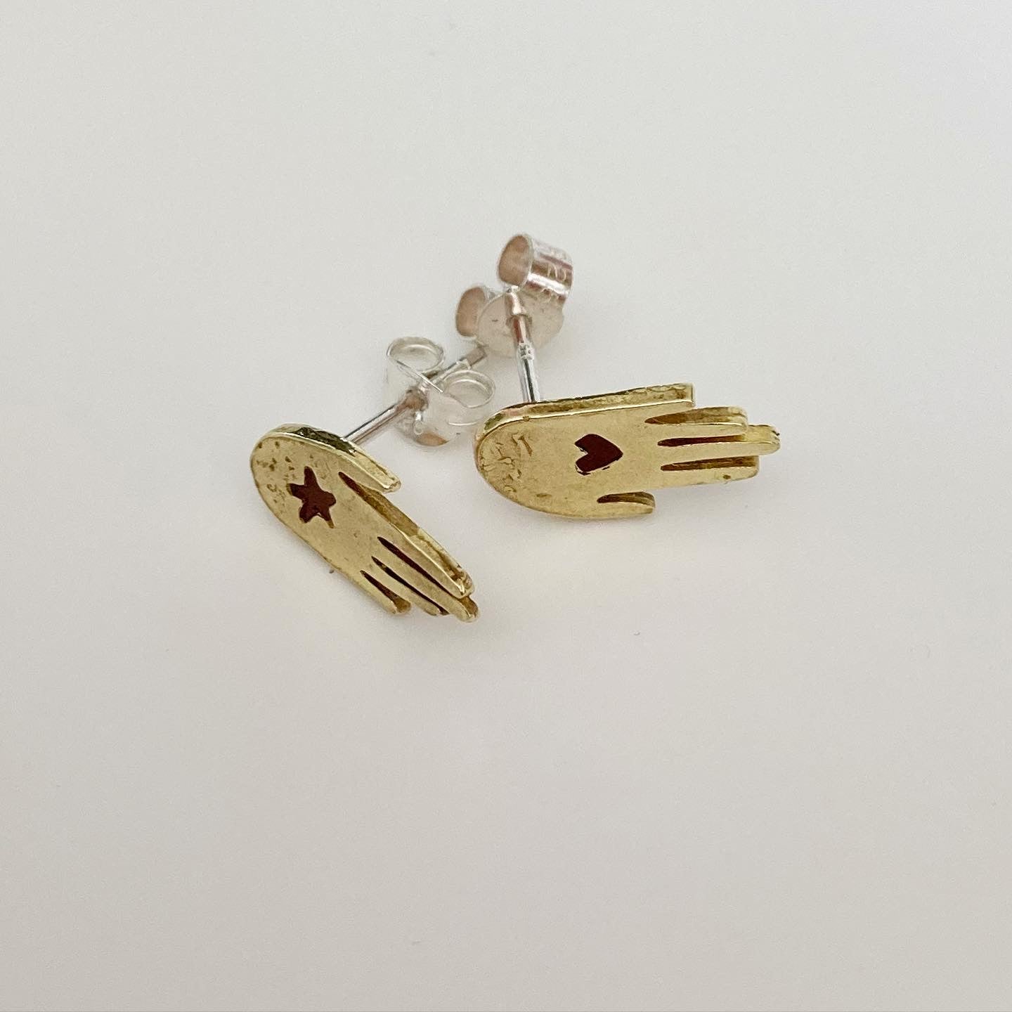 BESTOWAL Gold Brass Hand Studs with Heart and Star design - Sterling Silver Backs