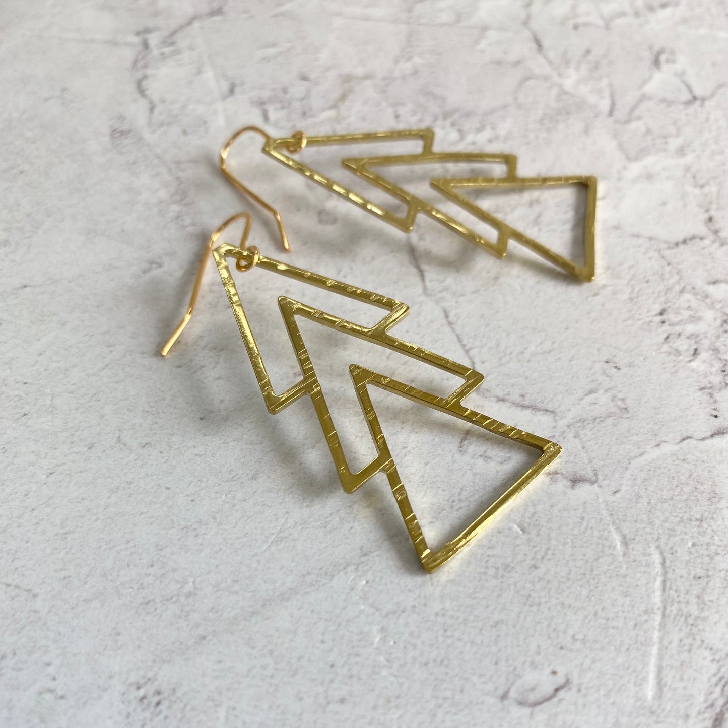 Gold Brass Triple Triangle Long Earrings
