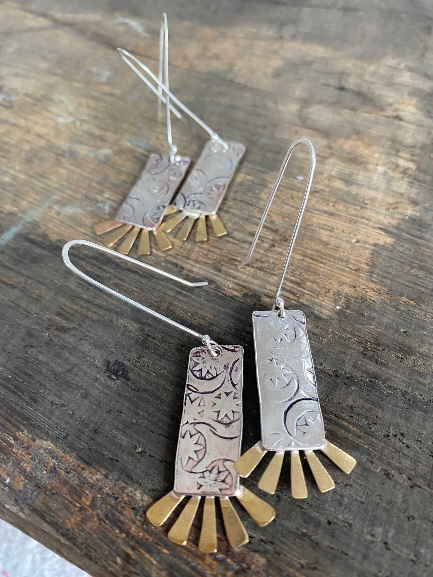Recycled Handmade Sterling Silver & Brass Sun Burst Earrings