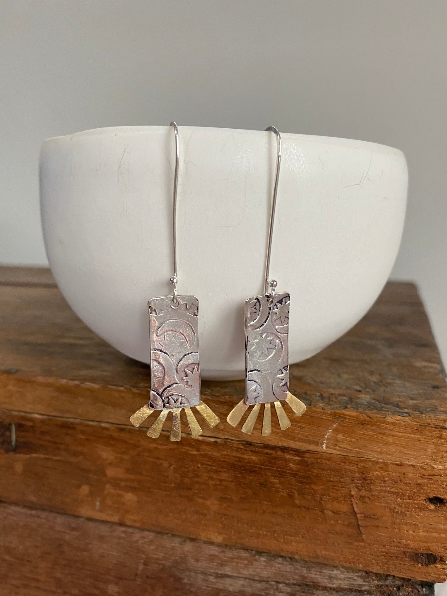 Recycled Handmade Sterling Silver & Brass Sun Burst Earrings