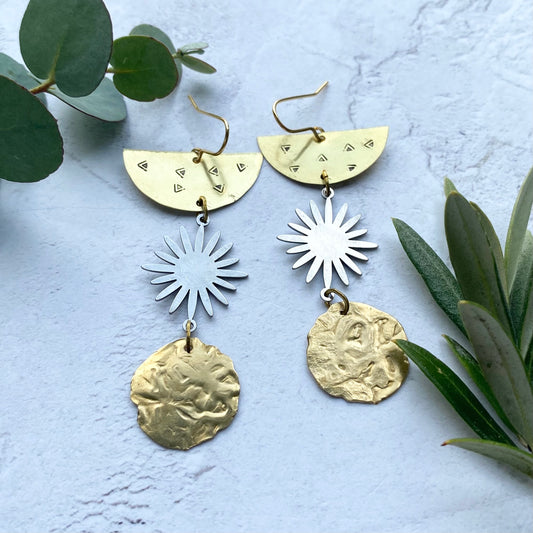COSMOS Statement Brass and Silver Celestial Dangle Earrings
