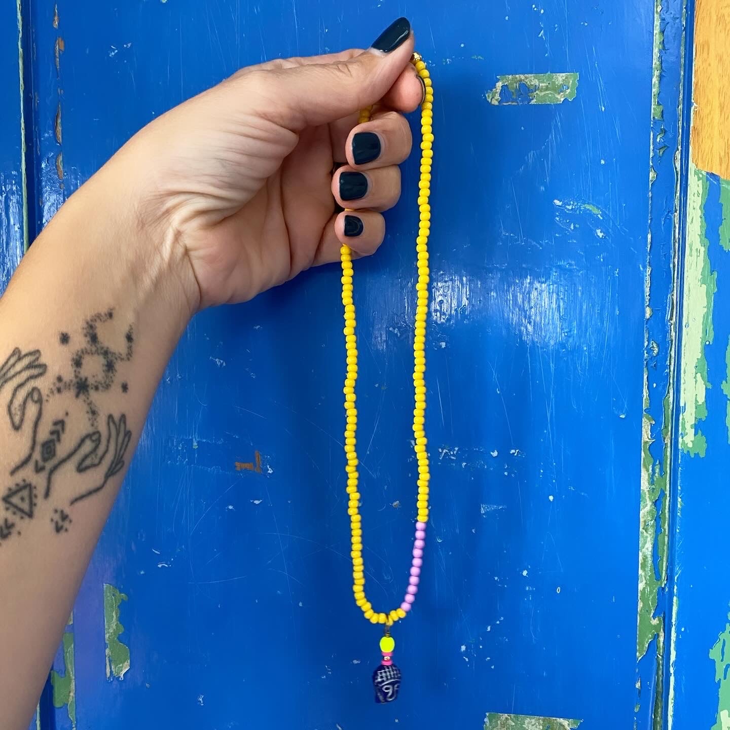 Blue Face Beaded Single Charm Necklace