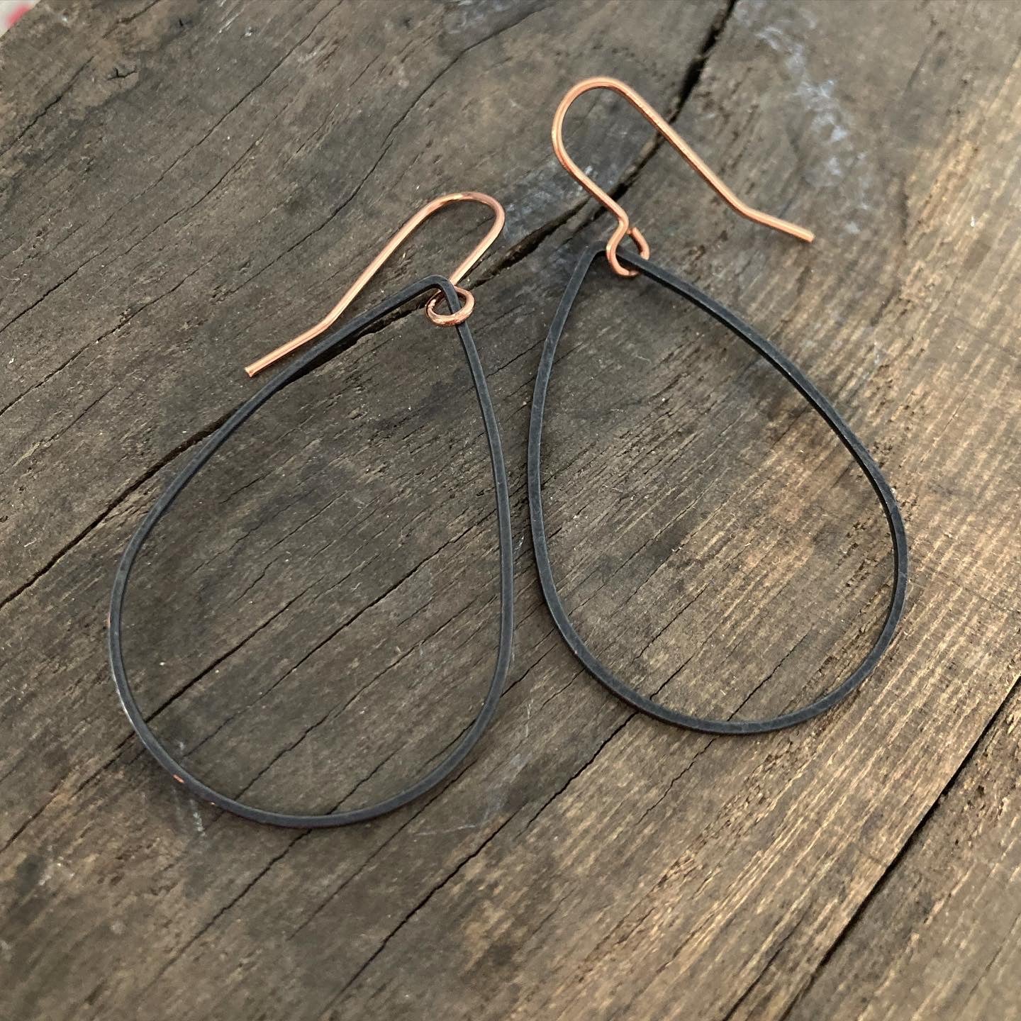 Black Brass Teardrop Hoops on Rose Gold Plated Ear Wires
