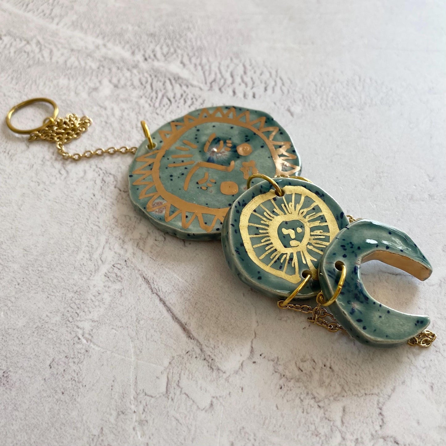 Ceramic and Brass Sun Moon Hand Wall Hanging - Hand Painted - Celestial - Boho - Folk Art