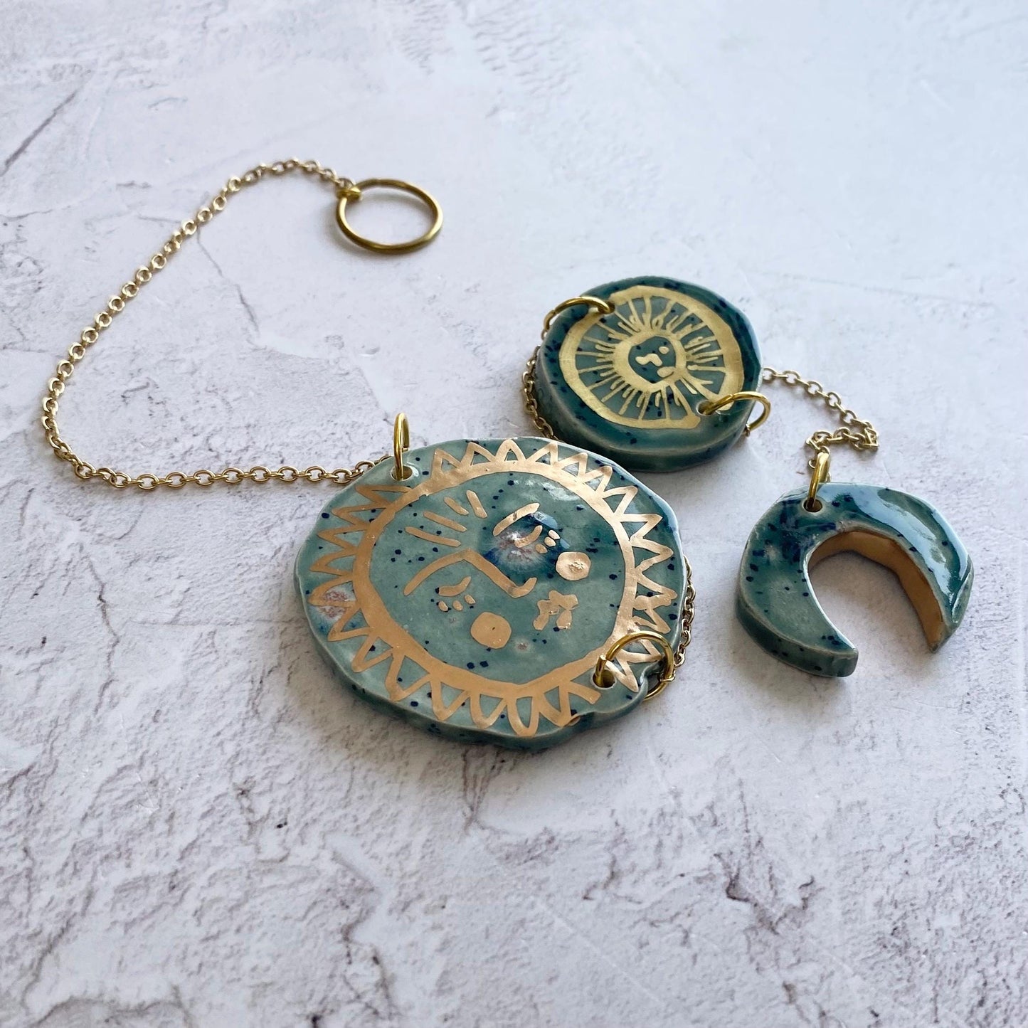 Ceramic and Brass Sun Moon Hand Wall Hanging - Hand Painted - Celestial - Boho - Folk Art