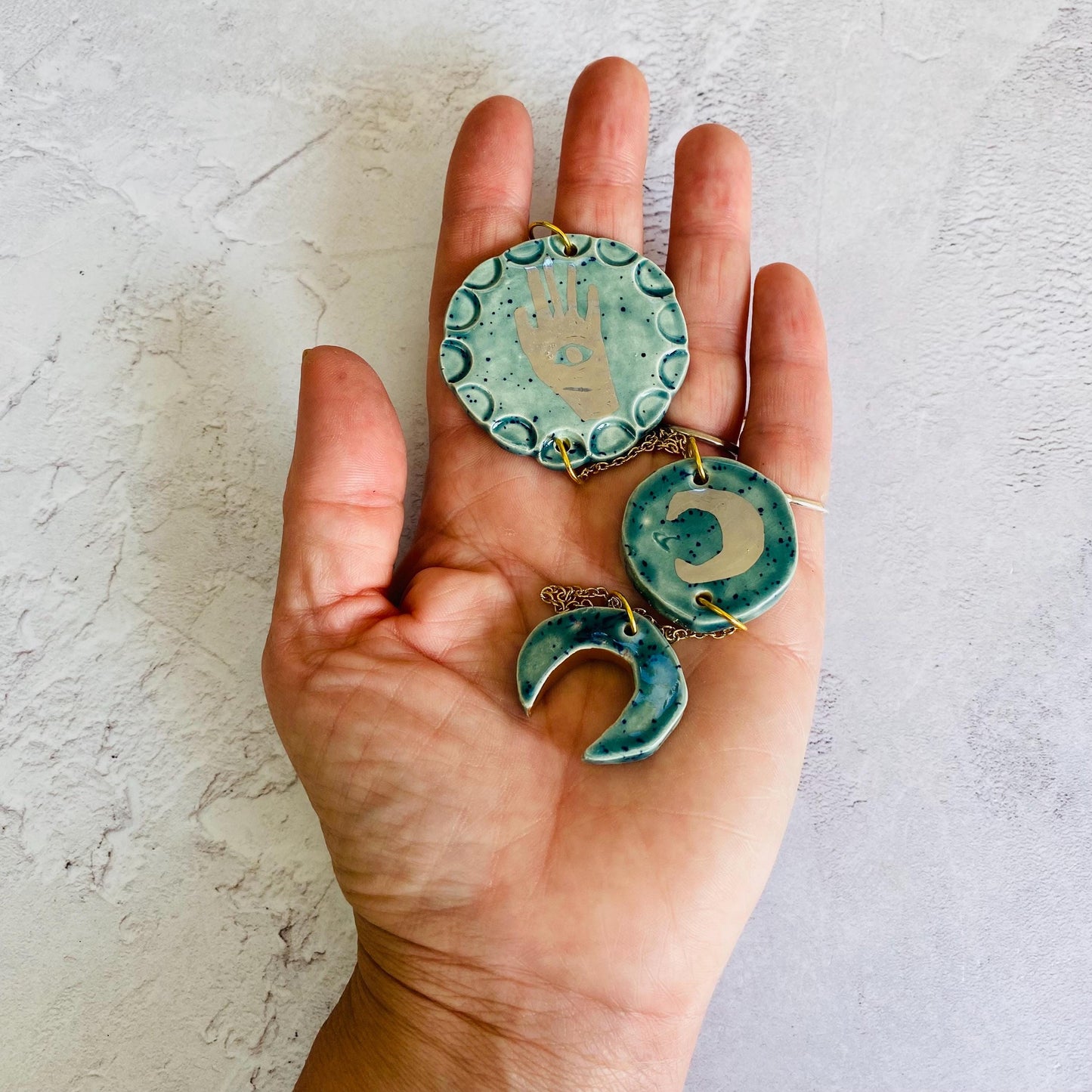 Ceramic and Brass Sun Moon Hand Wall Hanging - Hand Painted - Celestial - Boho - Folk Art
