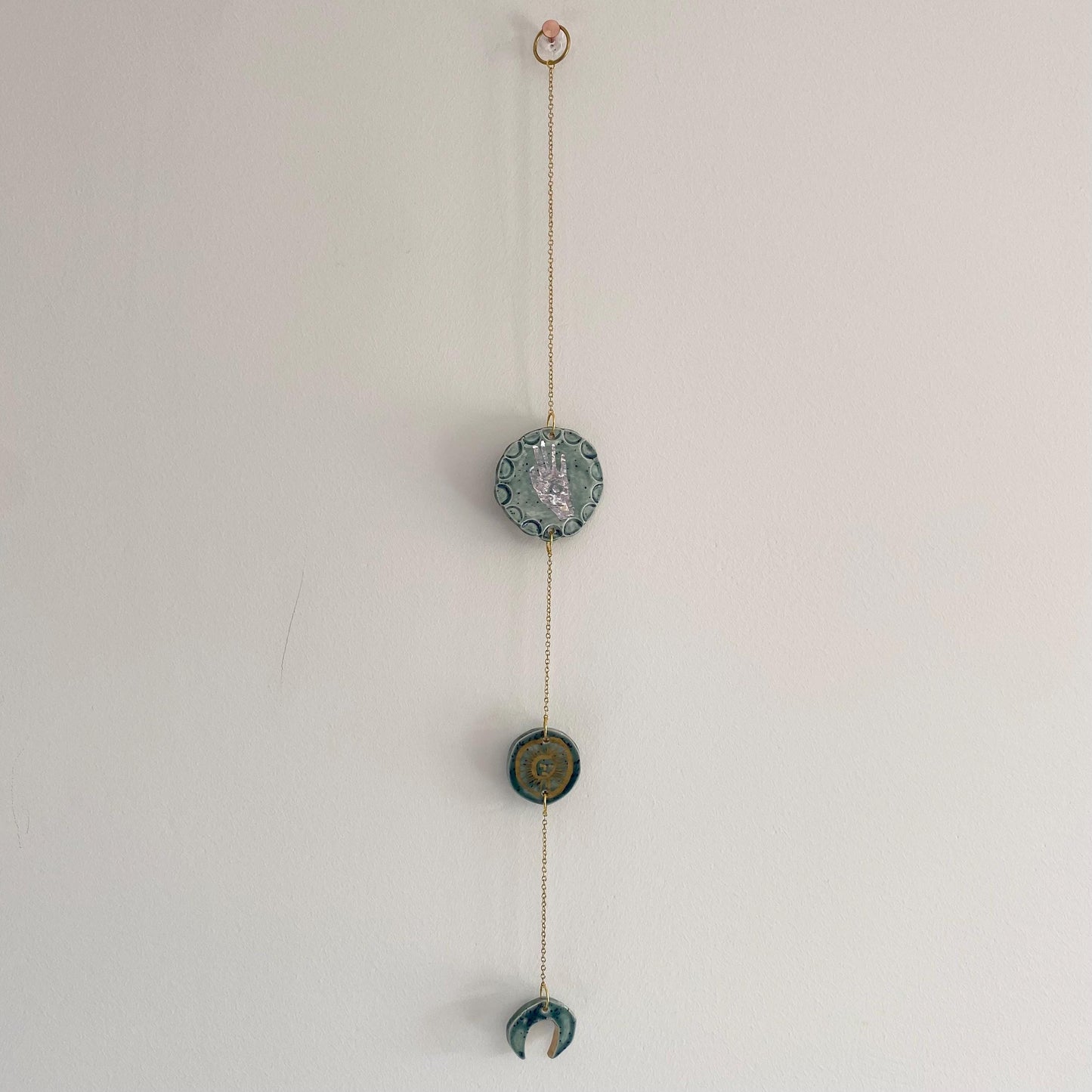 Ceramic and Brass Sun Moon Hand Wall Hanging - Hand Painted - Celestial - Boho - Folk Art