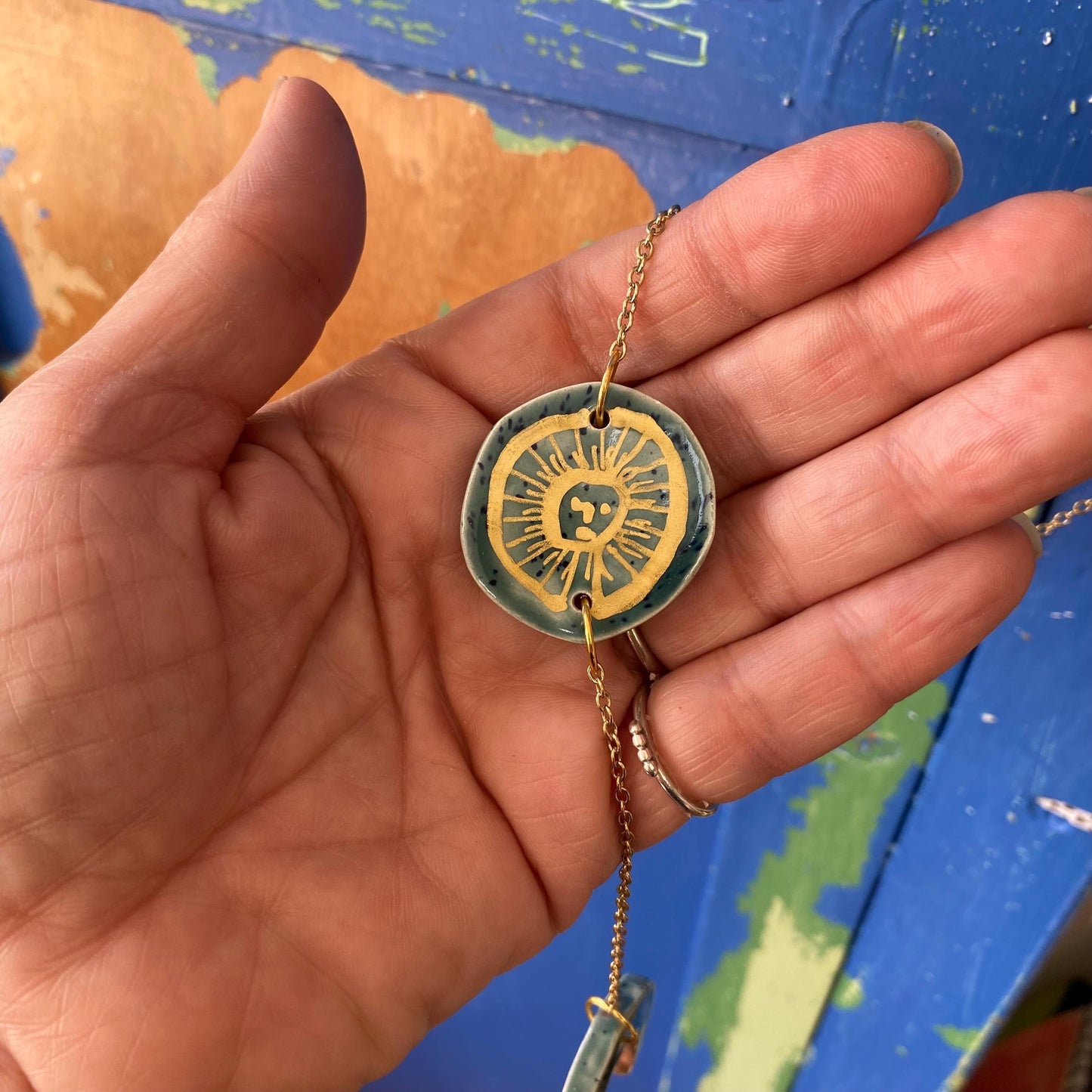 Ceramic and Brass Sun Moon Hand Wall Hanging - Hand Painted - Celestial - Boho - Folk Art