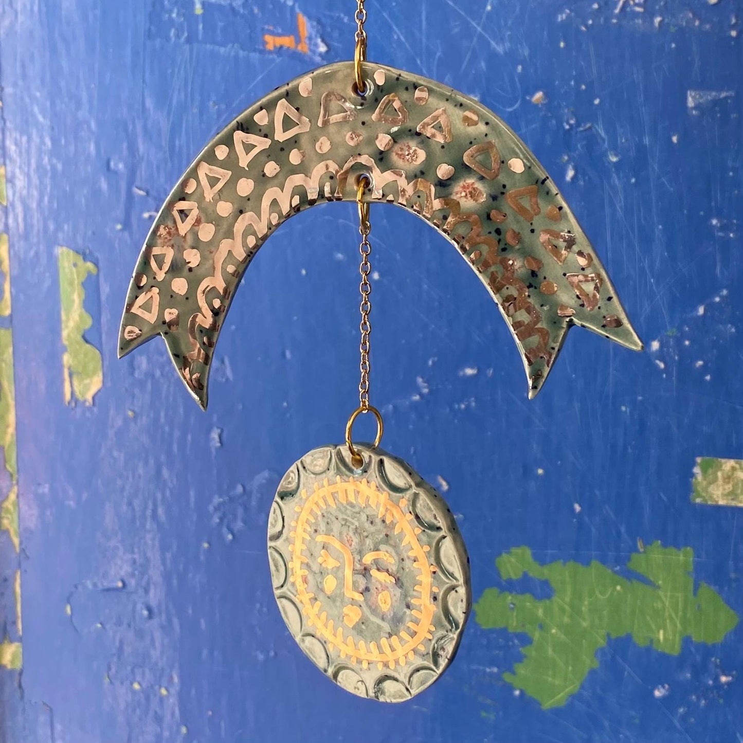 Ceramic and Brass Rainbow Sun Spots Wall Hanging - Hand Painted - Celestial - Boho - Folk Art