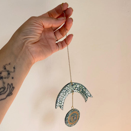 Ceramic and Brass Rainbow Sun Spots Wall Hanging - Hand Painted - Celestial - Boho - Folk Art