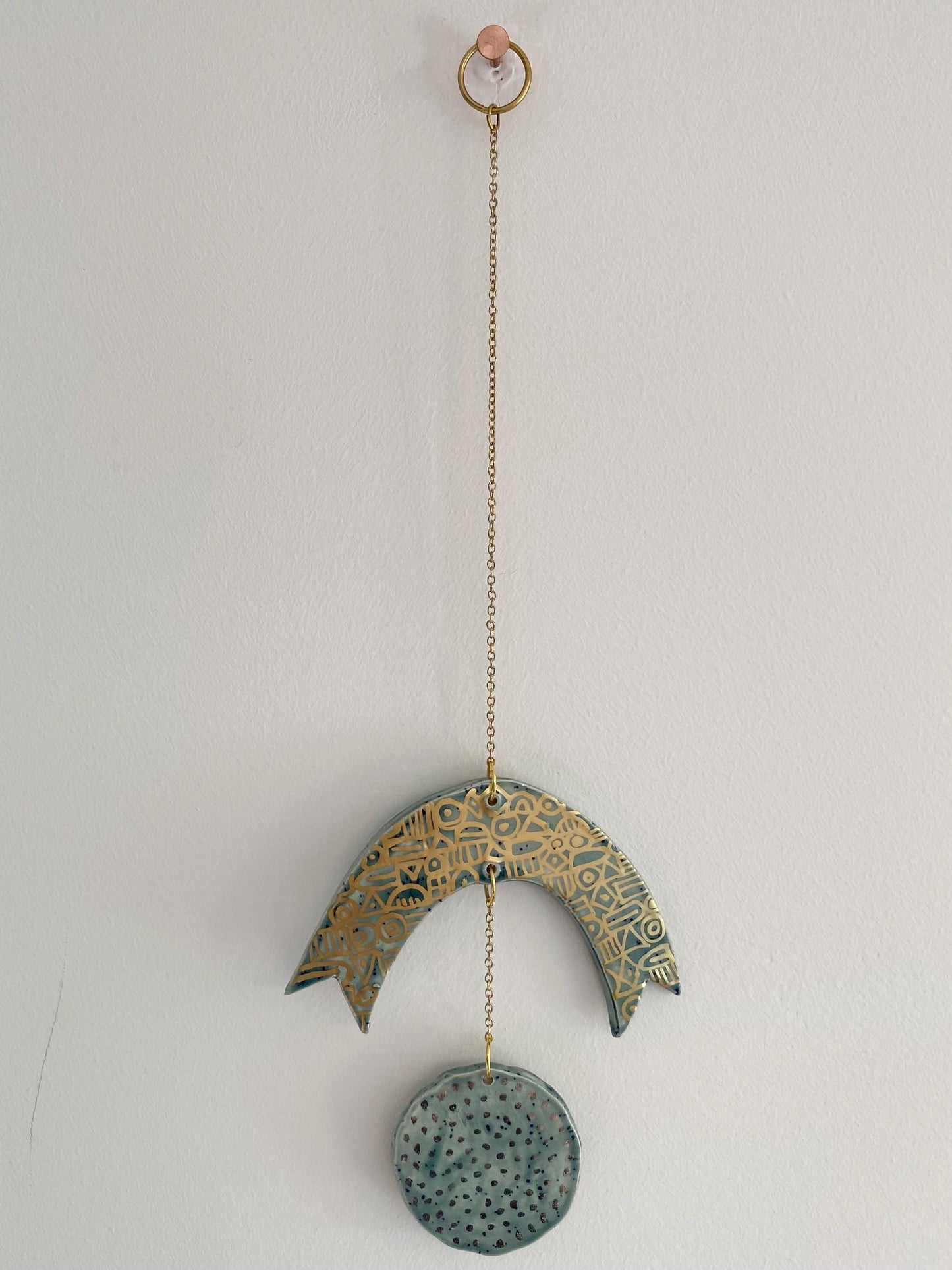 Ceramic and Brass Rainbow Sun Spots Wall Hanging - Hand Painted - Celestial - Boho - Folk Art