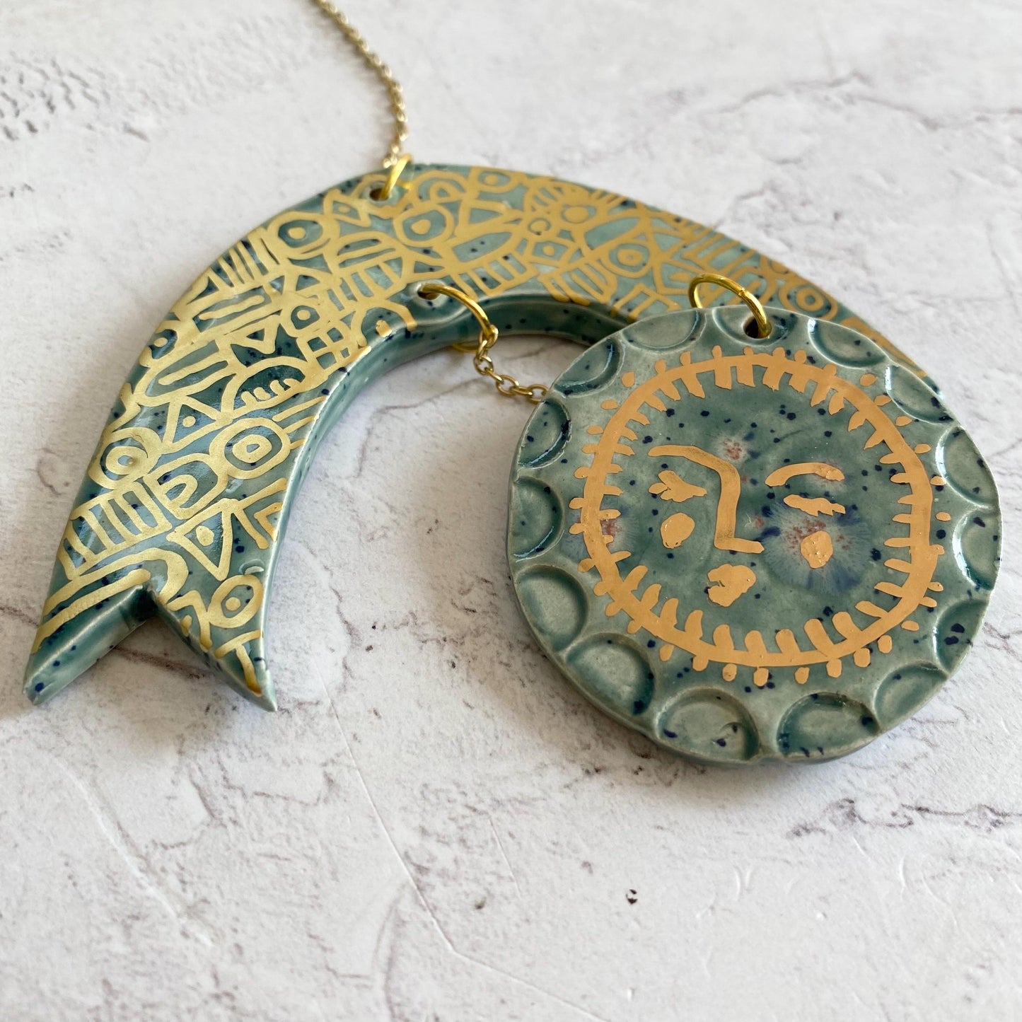 Ceramic and Brass Rainbow Sun Spots Wall Hanging - Hand Painted - Celestial - Boho - Folk Art
