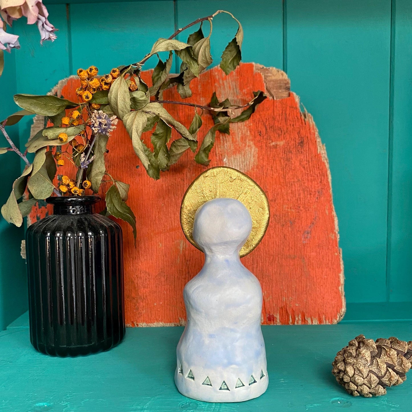 Matte Blue and Gold Altar Woman Shrine Figurine