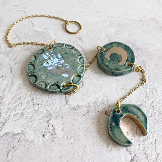 Ceramic and Brass Sun Moon Hand Wall Hanging - Hand Painted - Celestial - Boho - Folk Art