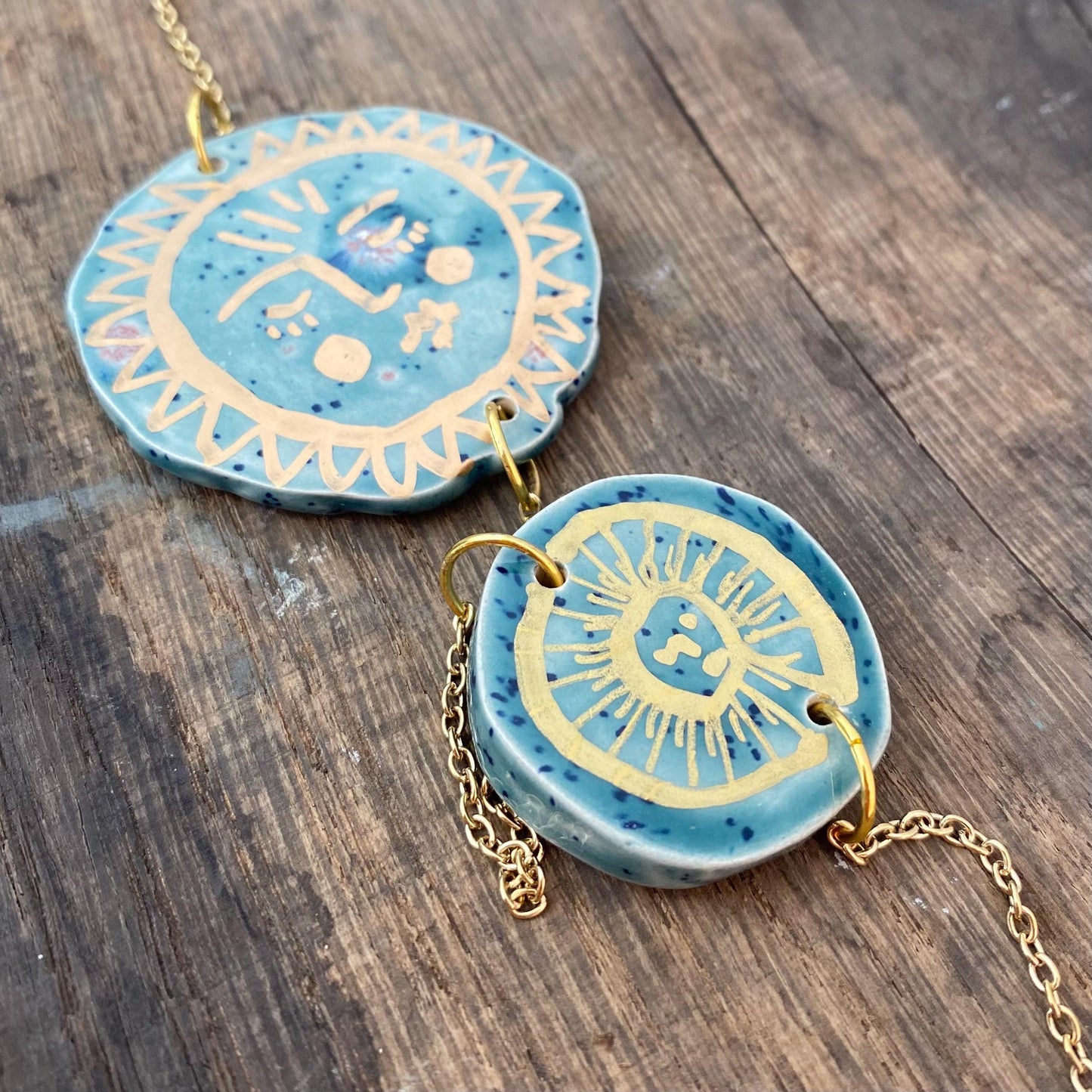 Ceramic and Brass Sun Moon Hand Wall Hanging - Hand Painted - Celestial - Boho - Folk Art