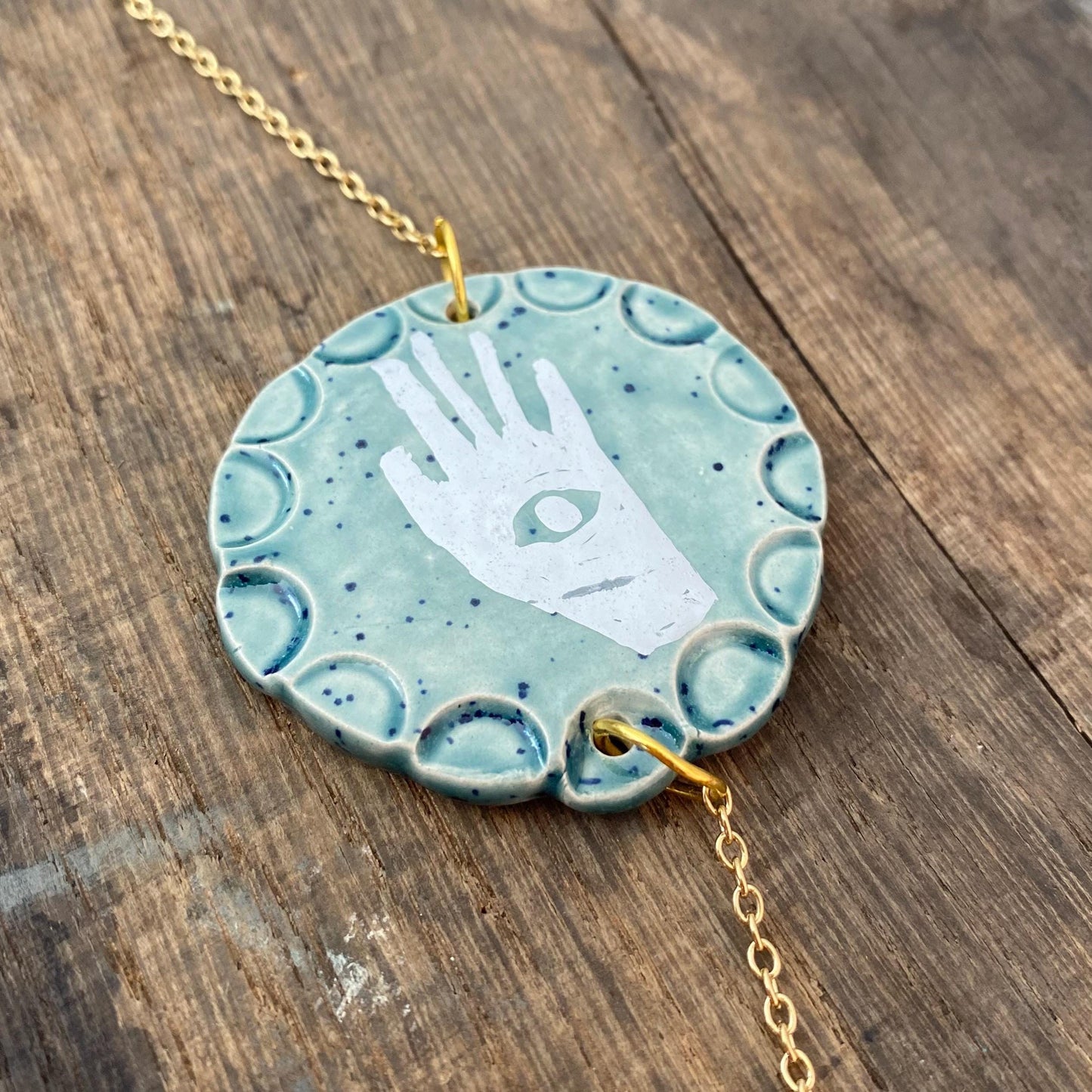 Ceramic and Brass Sun Moon Hand Wall Hanging - Hand Painted - Celestial - Boho - Folk Art