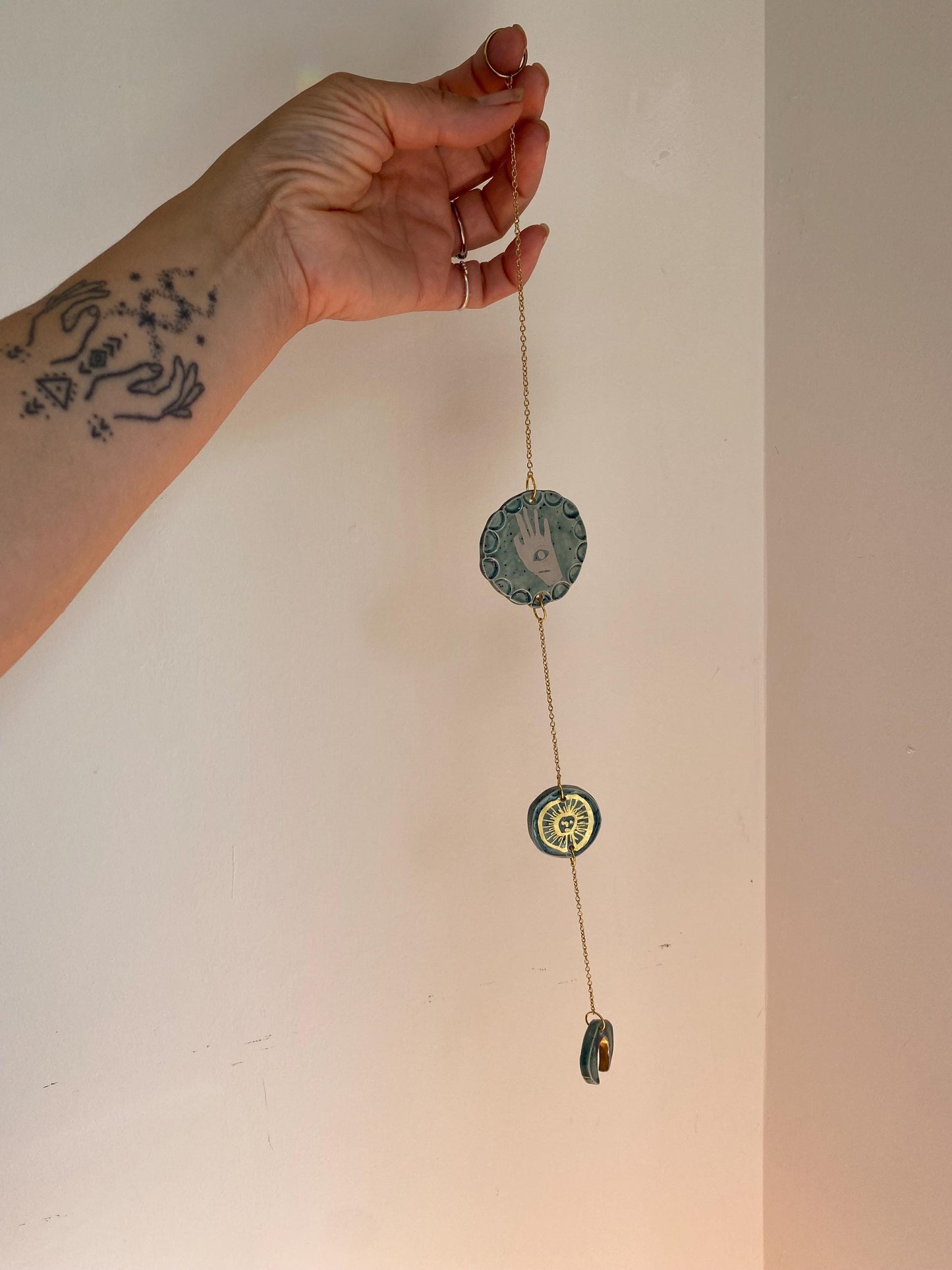 Ceramic and Brass Sun Moon Hand Wall Hanging - Hand Painted - Celestial - Boho - Folk Art