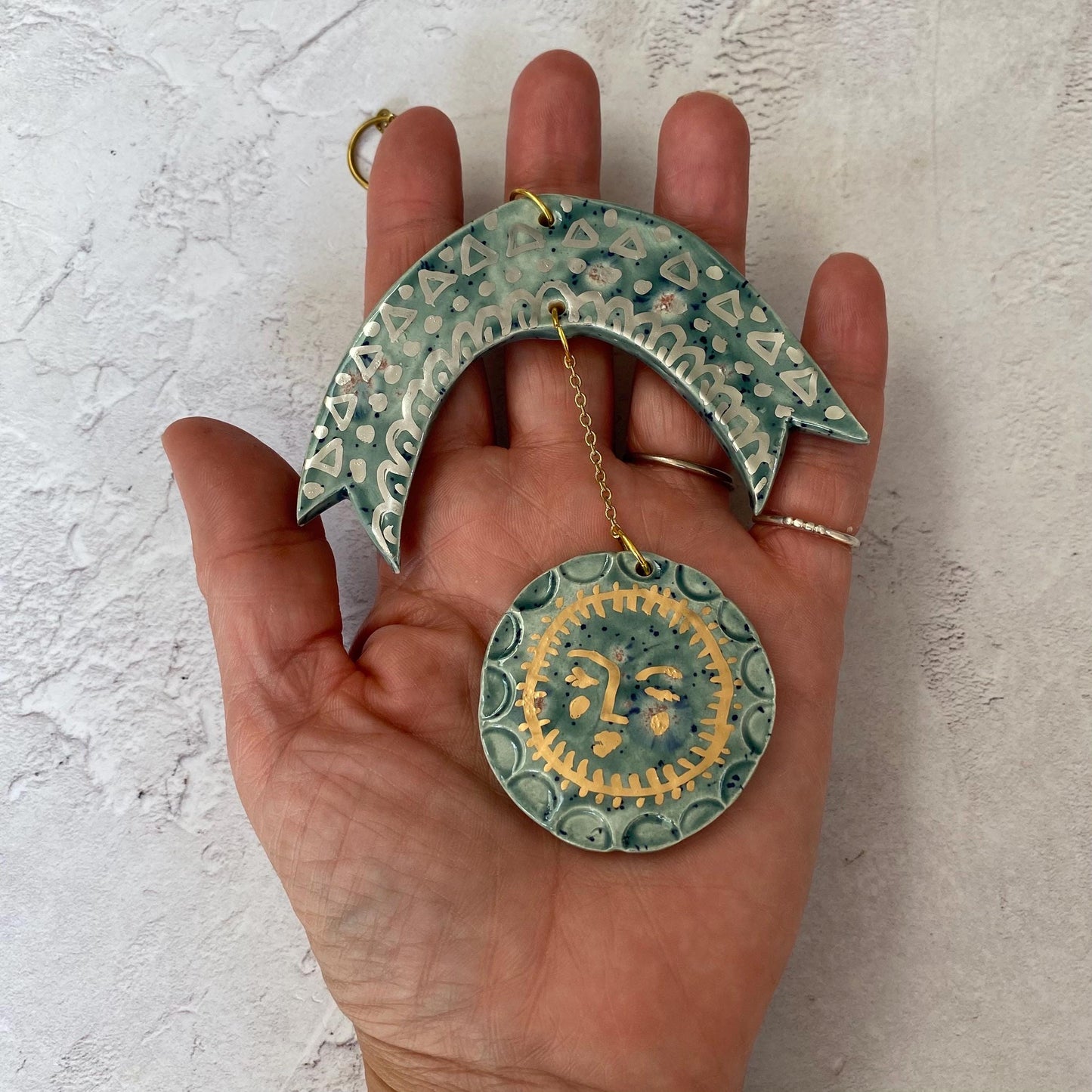 Ceramic and Brass Rainbow Sun Spots Wall Hanging - Hand Painted - Celestial - Boho - Folk Art