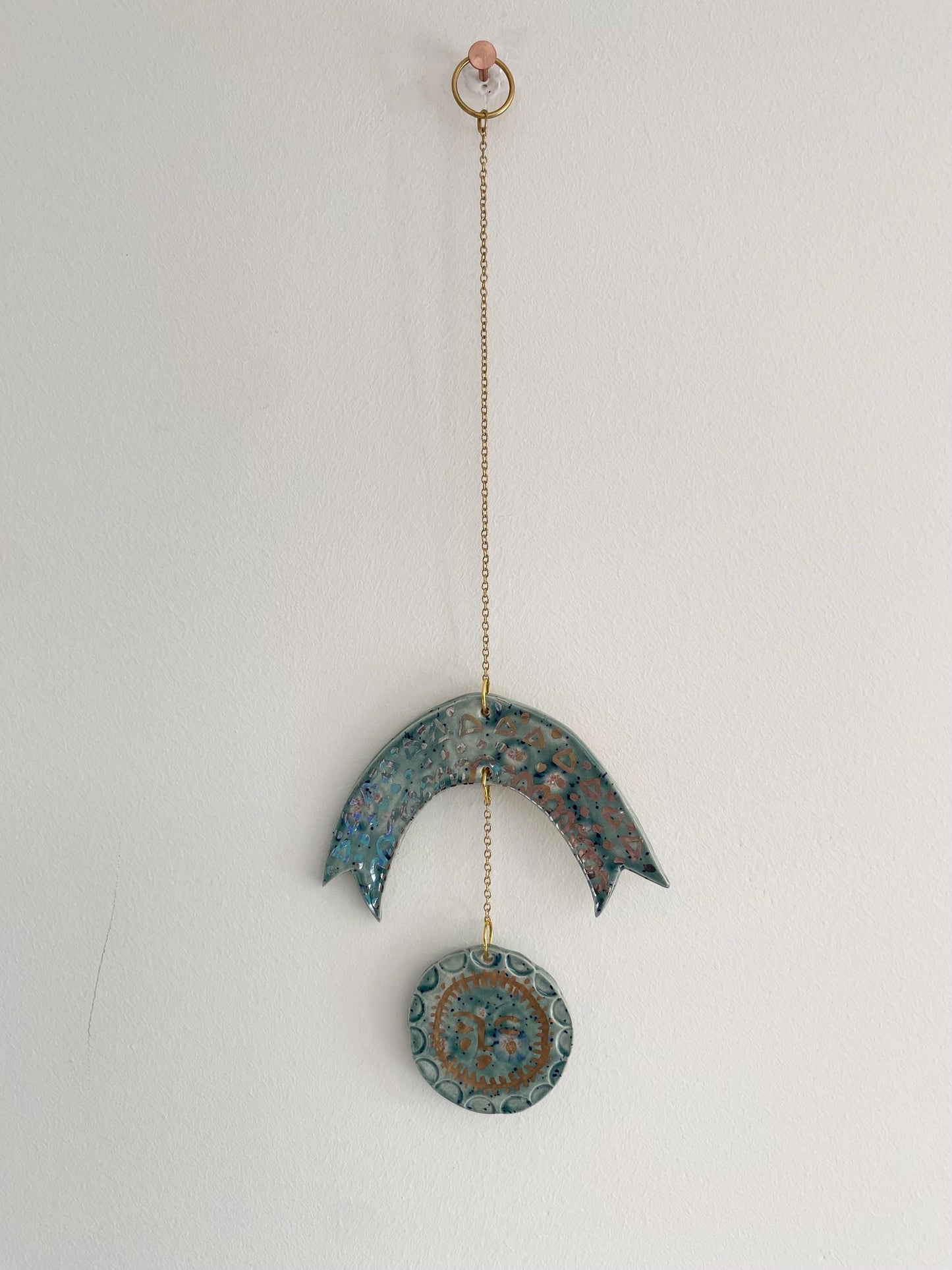 Ceramic and Brass Rainbow Sun Spots Wall Hanging - Hand Painted - Celestial - Boho - Folk Art