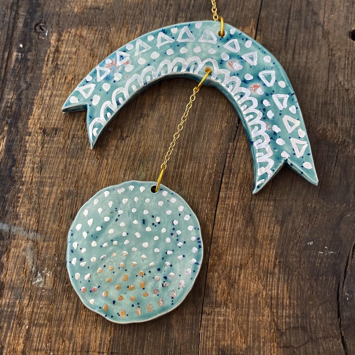 Ceramic and Brass Rainbow Sun Spots Wall Hanging - Hand Painted - Celestial - Boho - Folk Art